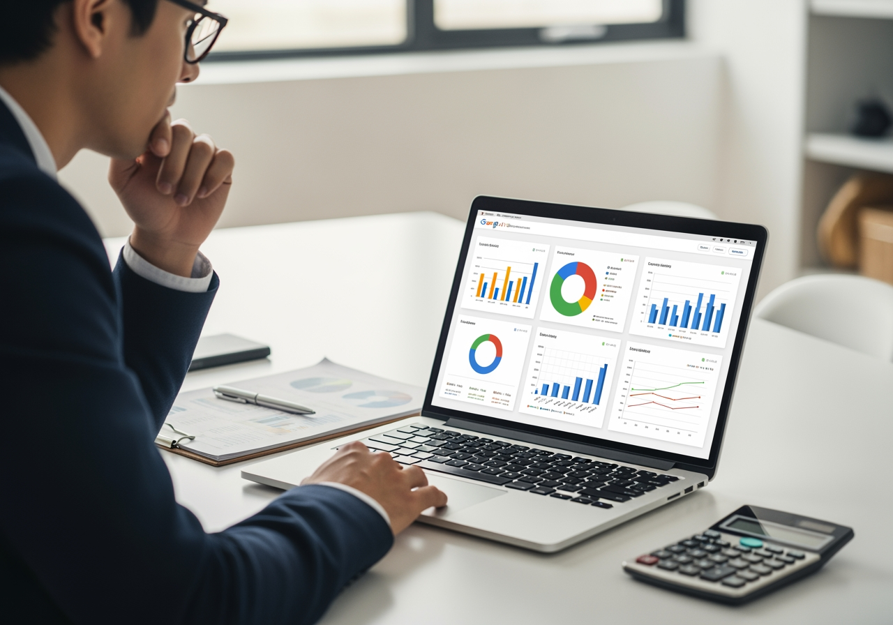 Business professional analyzing Google Ads performance metrics on laptop with graphs and charts, emphasizing AdWords audit services for optimizing campaign effectiveness.
