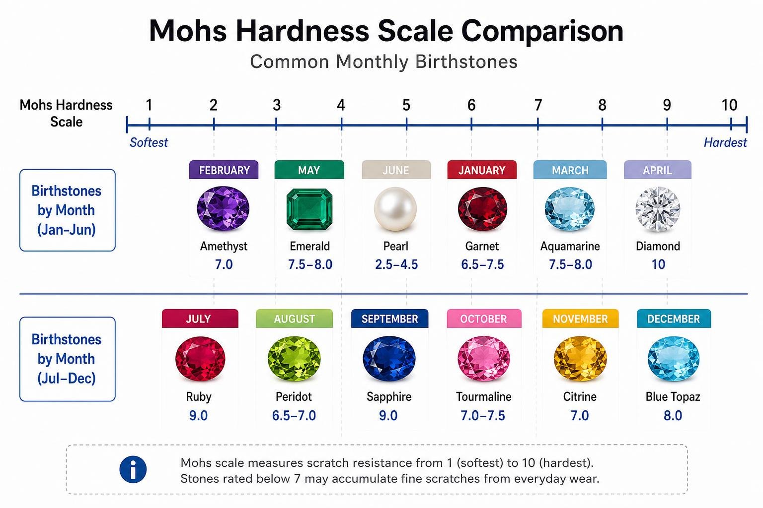 Mohs hardness scale comparison for common monthly birthstones Mohs hardness scale comparison for common monthly birthstones