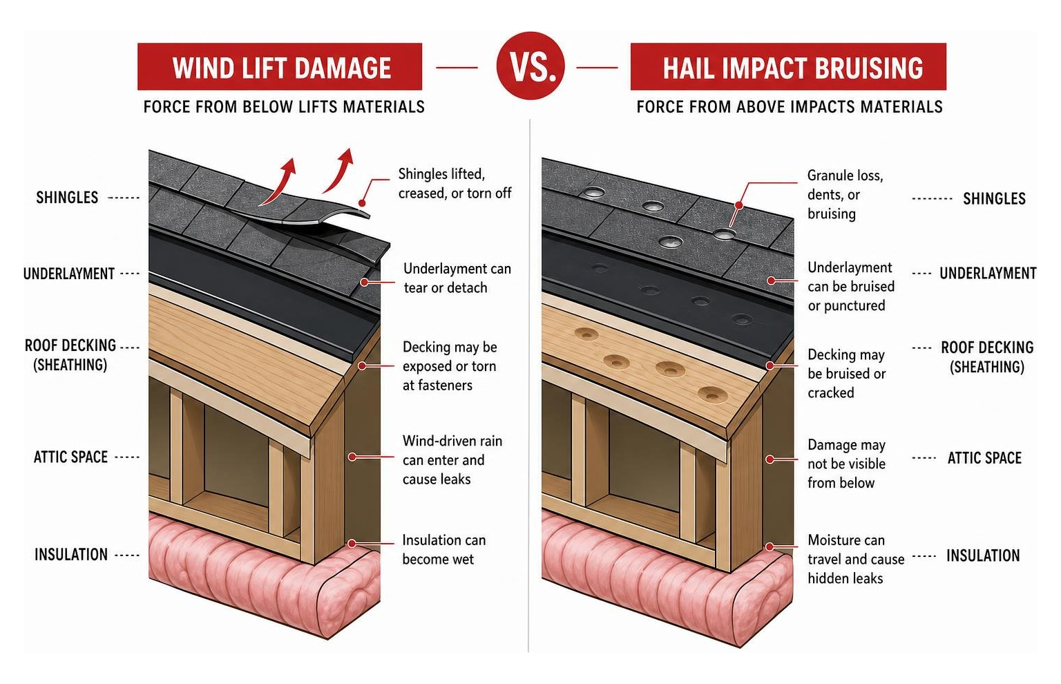 diagram comparing wind lift damage versus hail impact bruising on roof layers diagram comparing wind lift damage versus hail impact bruising on roof layers