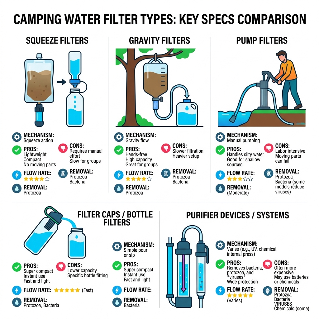 comparison of camping water filter types and their key specs - water filters for camping reviews infographic 