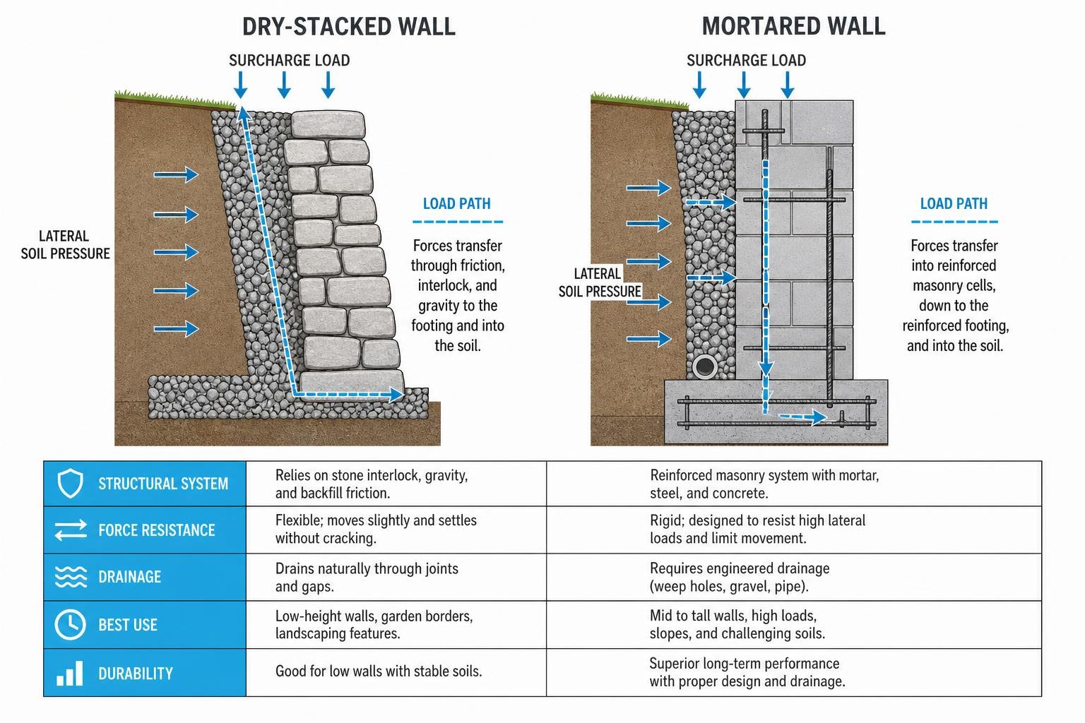 Diagram comparing the structural forces and load paths of dry-stacked versus mortared retaining walls