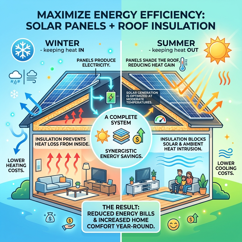 Infographic showing how solar panels and roof insulation work together to reduce heat loss and improve energy efficiency Infographic showing how solar panels and roof insulation work together to reduce heat loss and improve energy efficiency