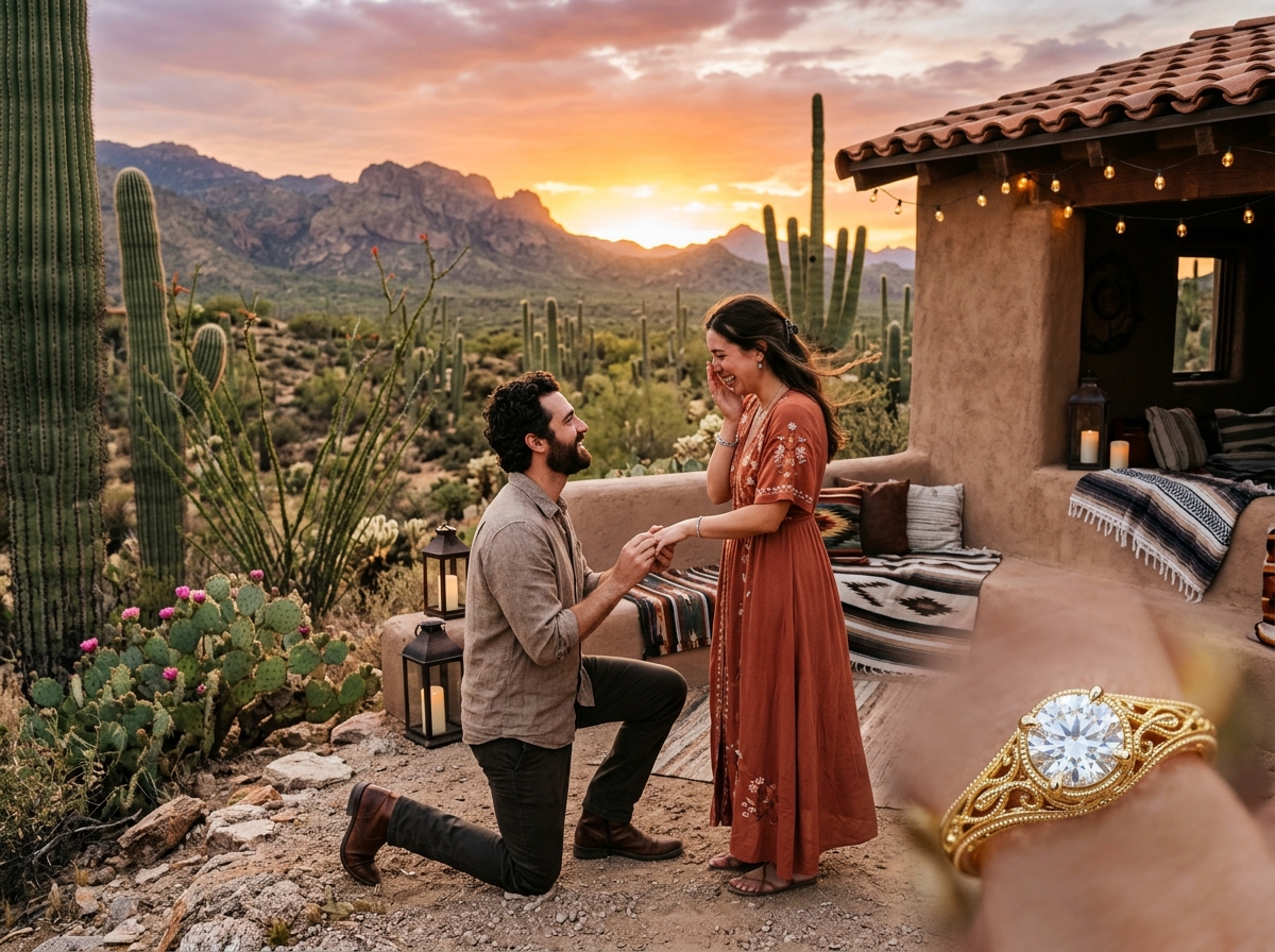 romantic desert proposal at sunset; Tucson heritage; Southwestern aesthetics; luxury craftsmanship - Engagement Rings in