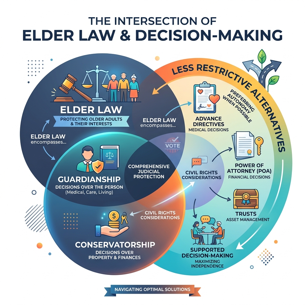 Infographic showing the intersection of elder law, guardianship, conservatorship, and less restrictive alternatives - elder