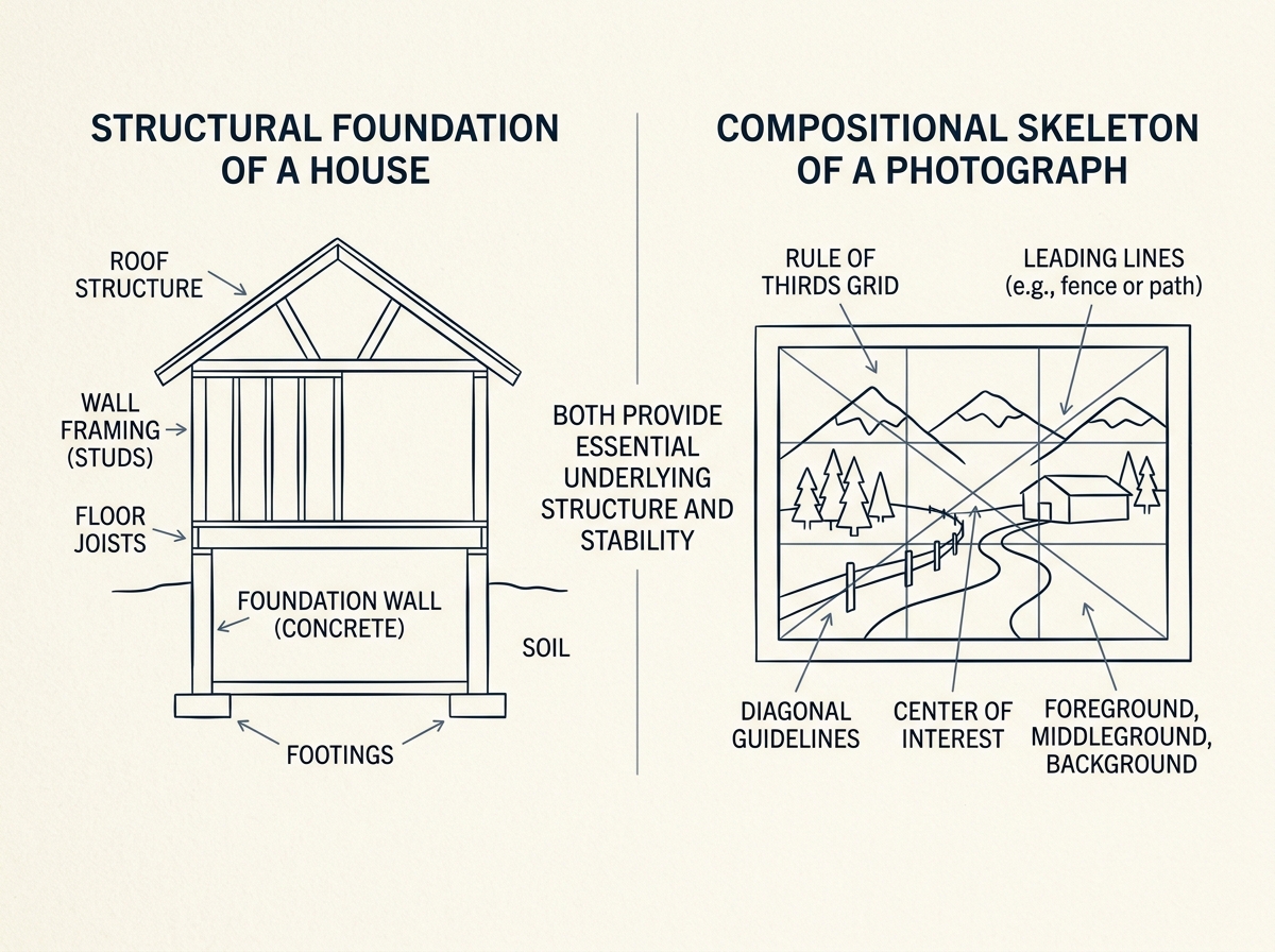 illustration comparing the structural foundation of a house to the compositional skeleton of a photograph - different types