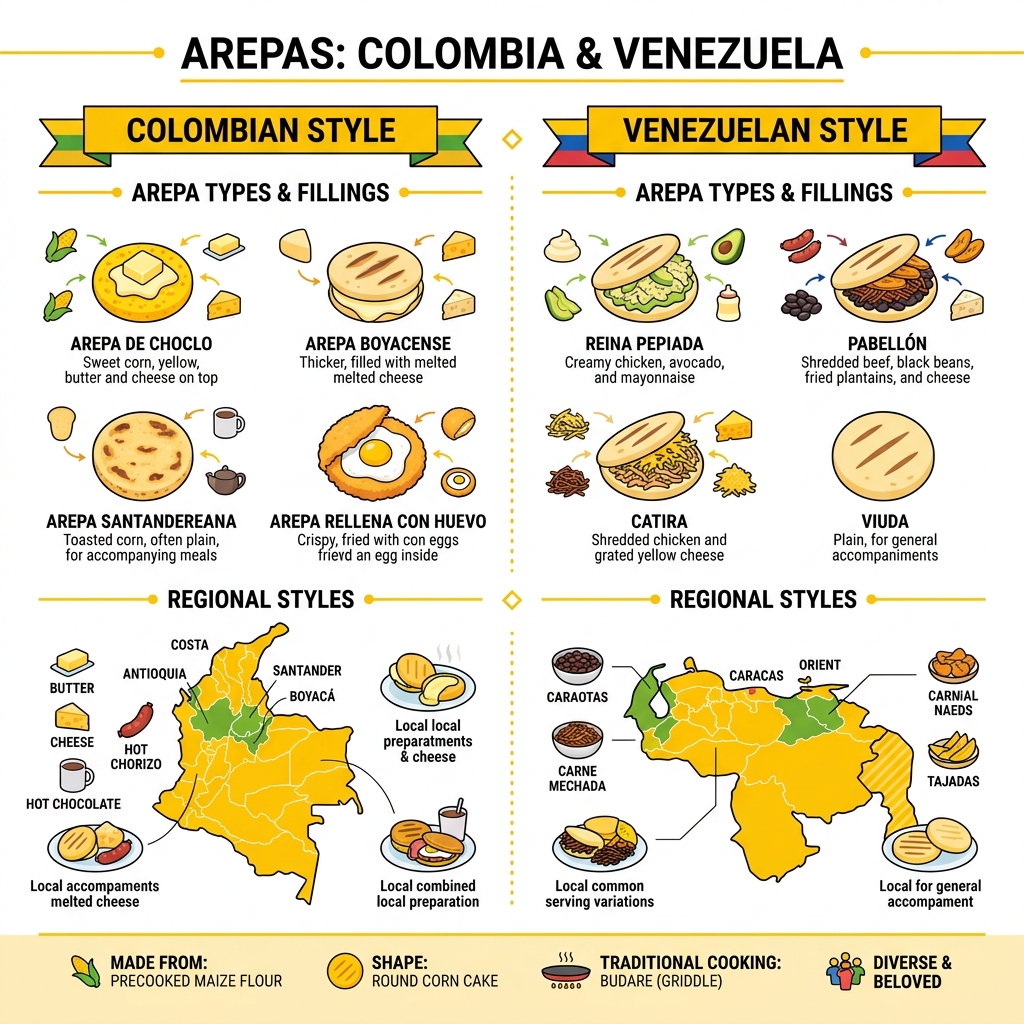 Infographic showing arepa types, fillings, and regional styles from Colombia and Venezuela - arepa infographic Infographic showing arepa types, fillings, and regional styles from Colombia and Venezuela - arepa infographic