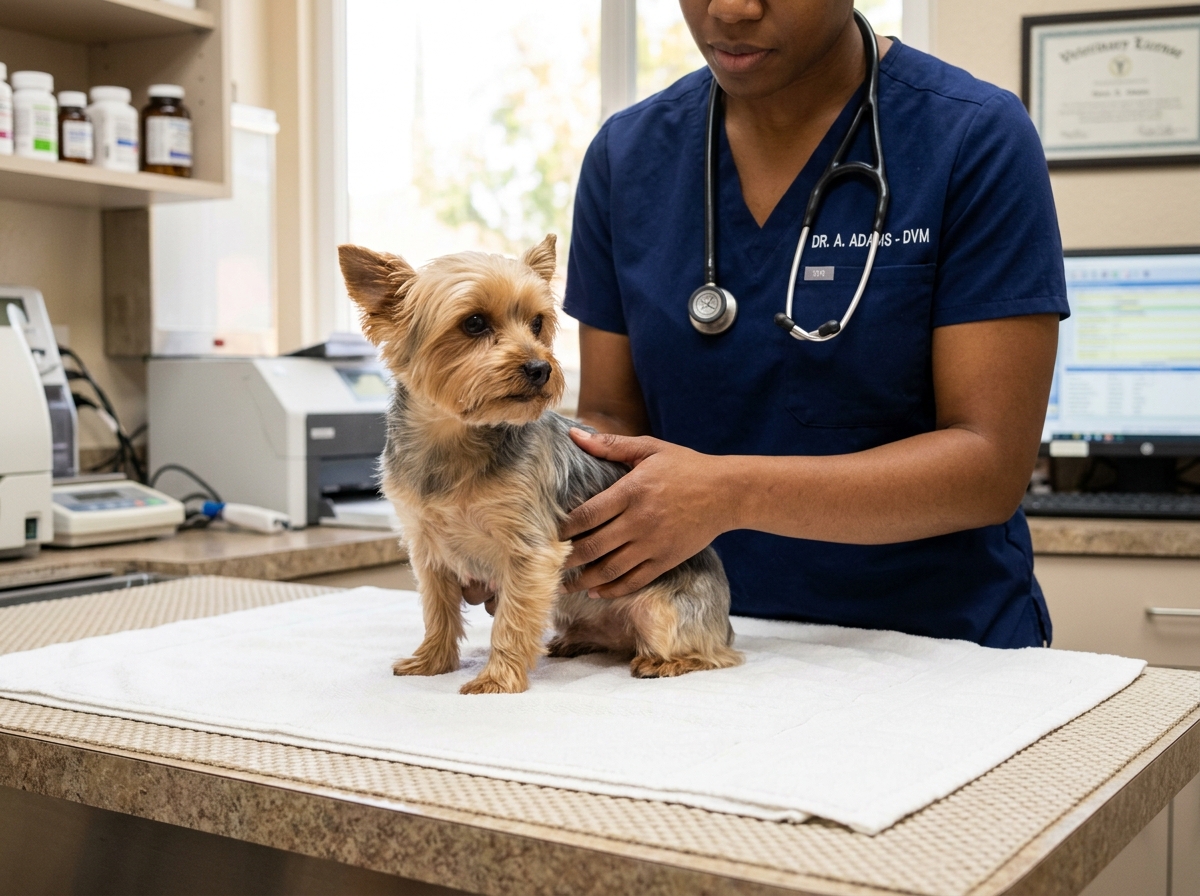 A small dog receiving a gentle examination at the veterinarian to rule out pain - calm aggressive small dog at home