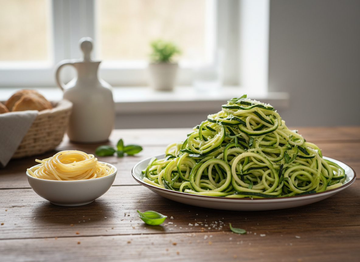 A large bowl of zucchini noodles next to a small portion of wheat pasta, illustrating volume differences - low-calorie A large bowl of zucchini noodles next to a small portion of wheat pasta, illustrating volume differences - low-calorie