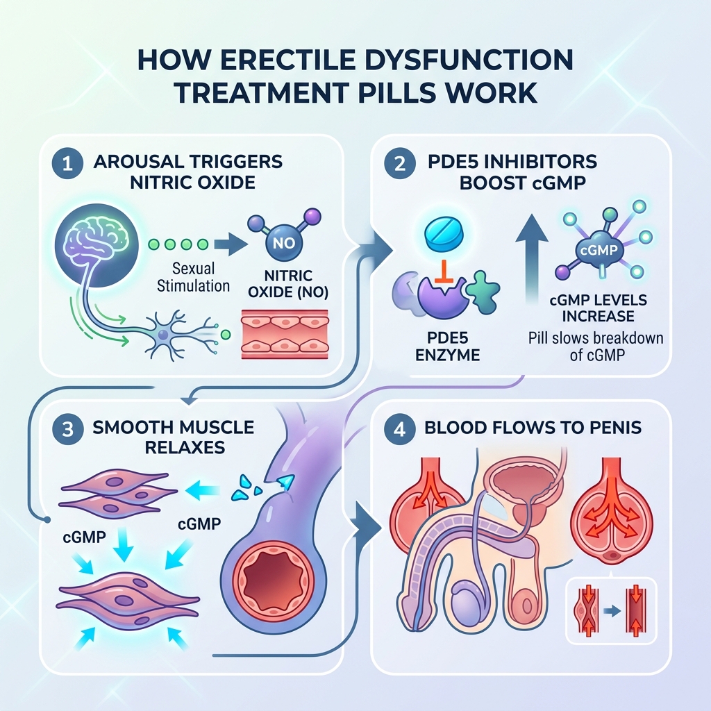 Infographic showing how ED pills work: arousal triggers nitric oxide, PDE5 inhibitors boost cGMP, smooth muscle relaxes Infographic showing how ED pills work: arousal triggers nitric oxide, PDE5 inhibitors boost cGMP, smooth muscle relaxes