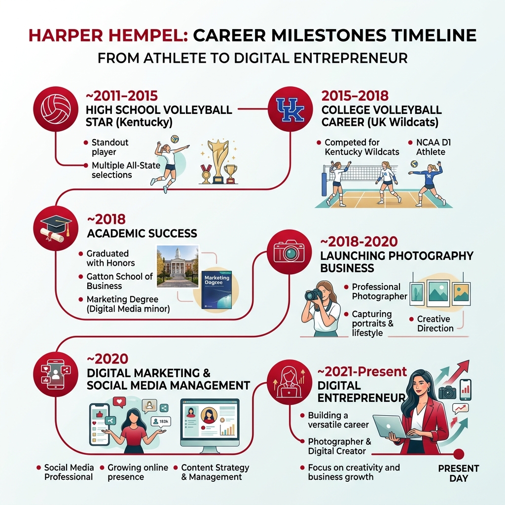 Timeline infographic of Harper Hempel's career milestones from high school volleyball to digital entrepreneur - harper
