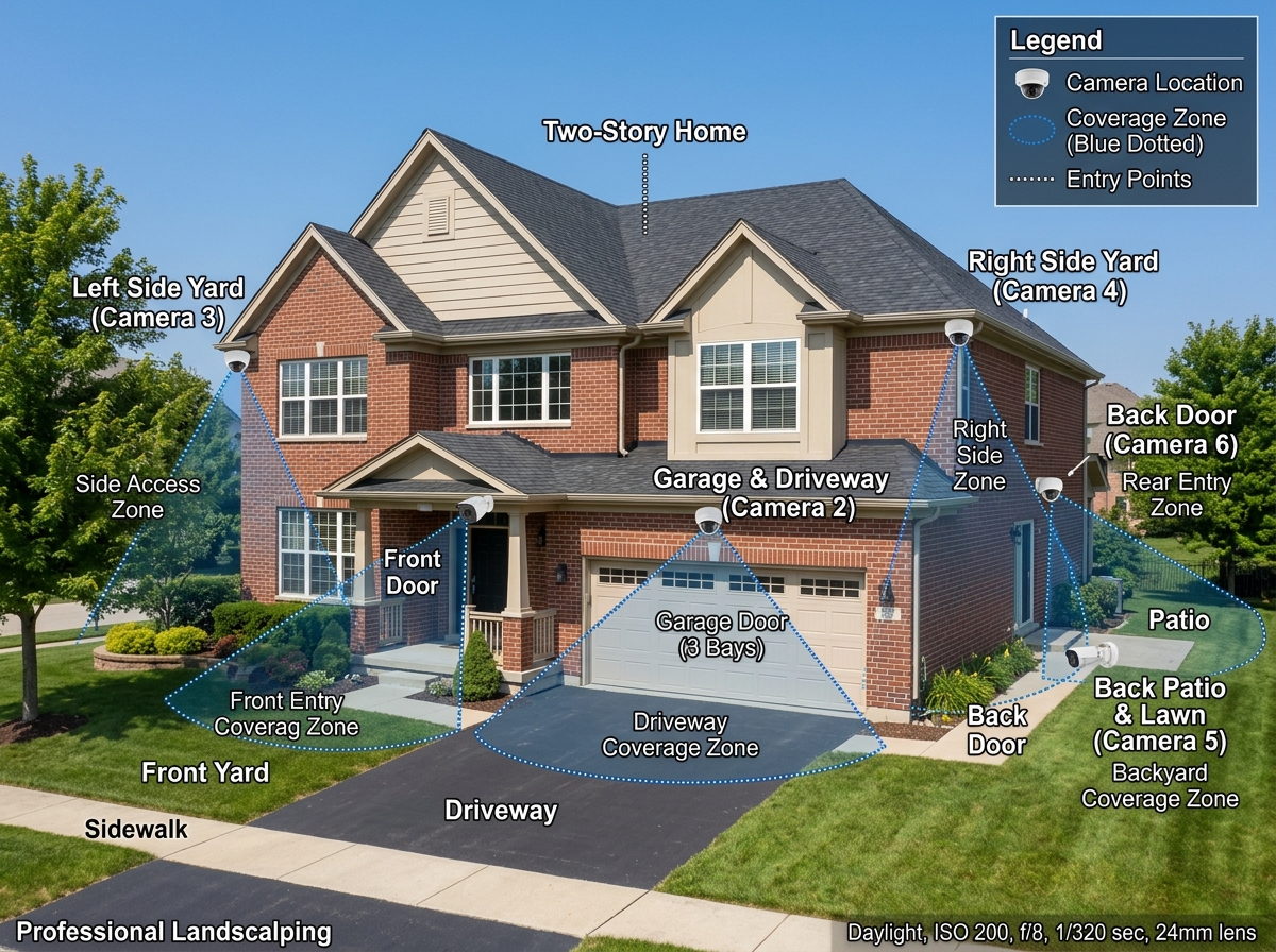 optimal camera placement diagram for a residential home - camera for outside house