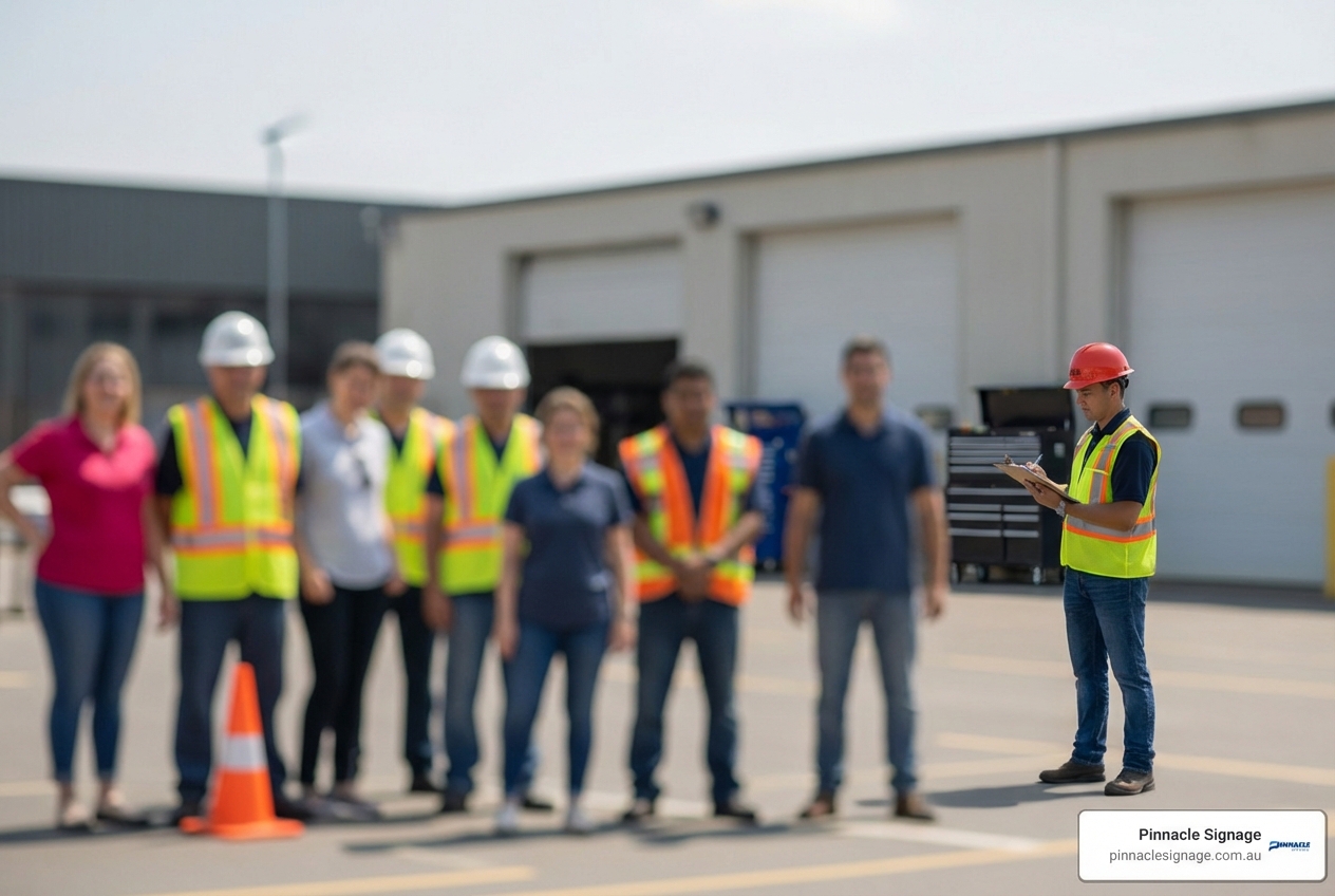 A fire warden with a clipboard conducting a headcount at a muster point - Emergency muster point