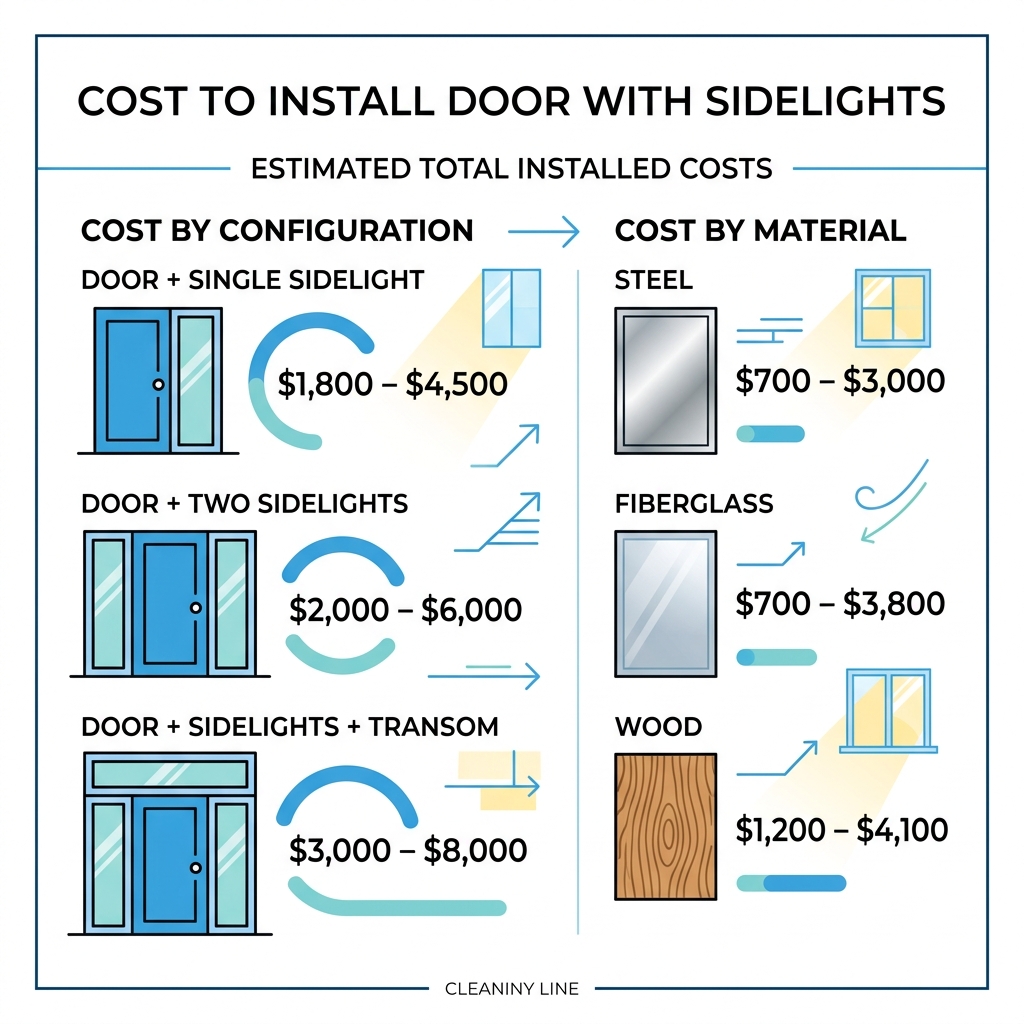 Infographic showing cost ranges for entry door with sidelights by material and configuration - cost to install door with