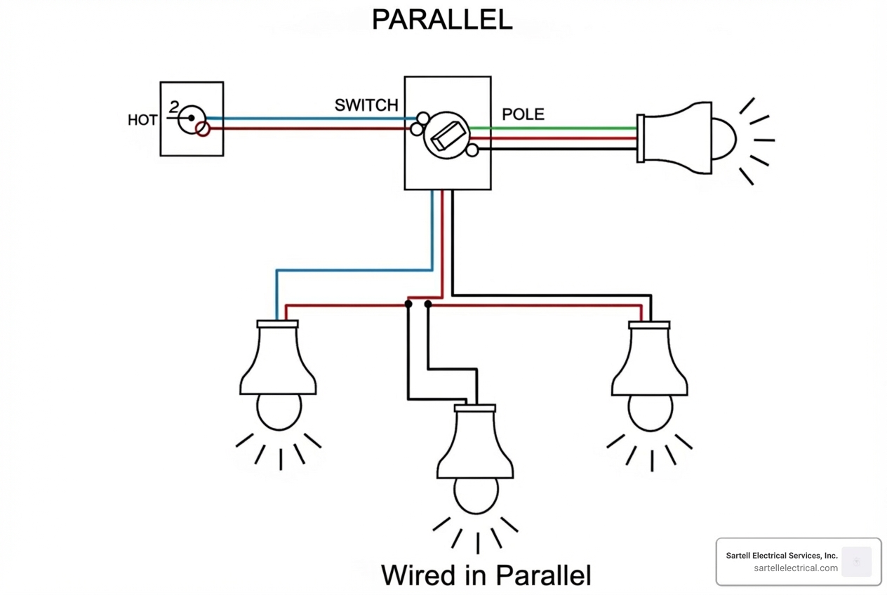 a clear, simple parallel wiring diagram showing power from the source, to the switch, and then branching to three separate lights - how to connect multiple lights to one power source