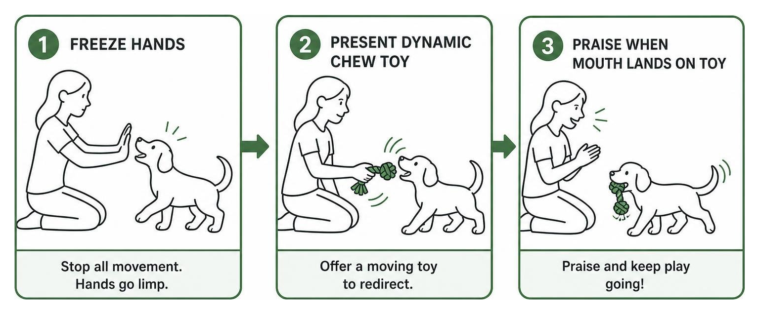 step by step redirect process: freeze hands, present dynamic chew toy, praise when mouth lands on toy step by step redirect process: freeze hands, present dynamic chew toy, praise when mouth lands on toy