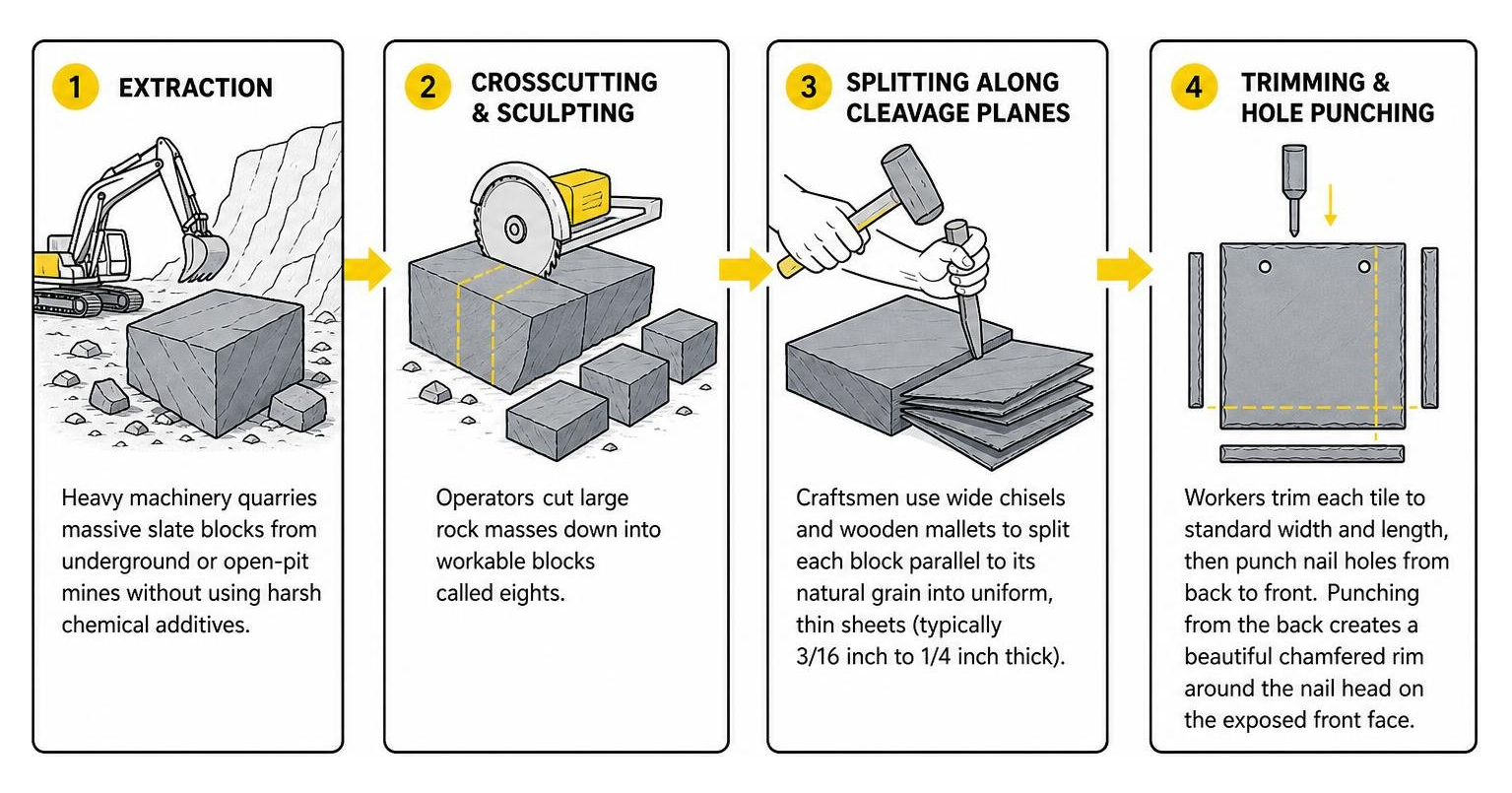 Step-by-step quarrying and splitting process of natural slate roofing tiles Step-by-step quarrying and splitting process of natural slate roofing tiles