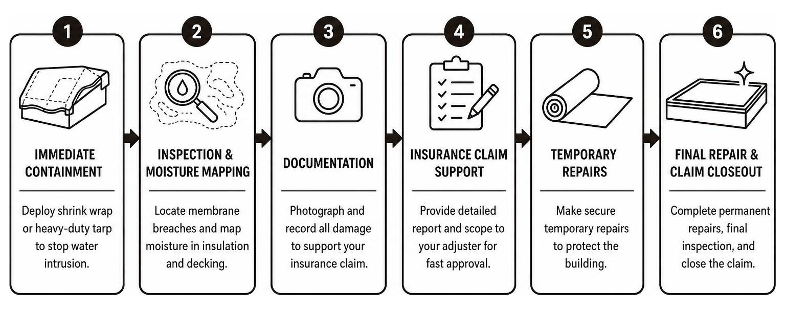 Emergency flat roof response workflow from temporary shrink wrap containment to final insurance claim repair