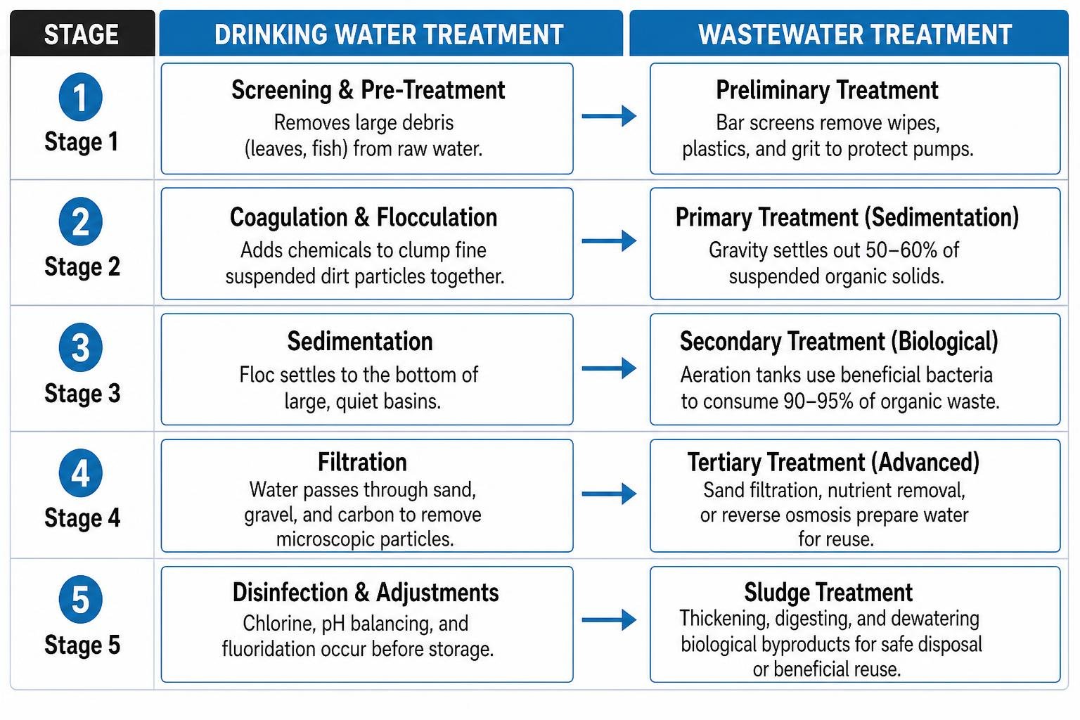 Diagram comparing the steps of municipal drinking water treatment vs. wastewater reclamation