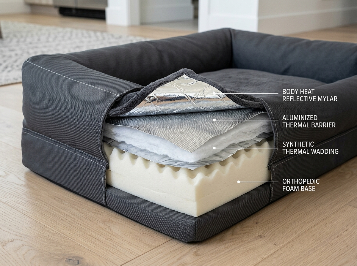 High-tech thermal bed interior showing heat reflection layers - Insulated dog bed High-tech thermal bed interior showing heat reflection layers - Insulated dog bed