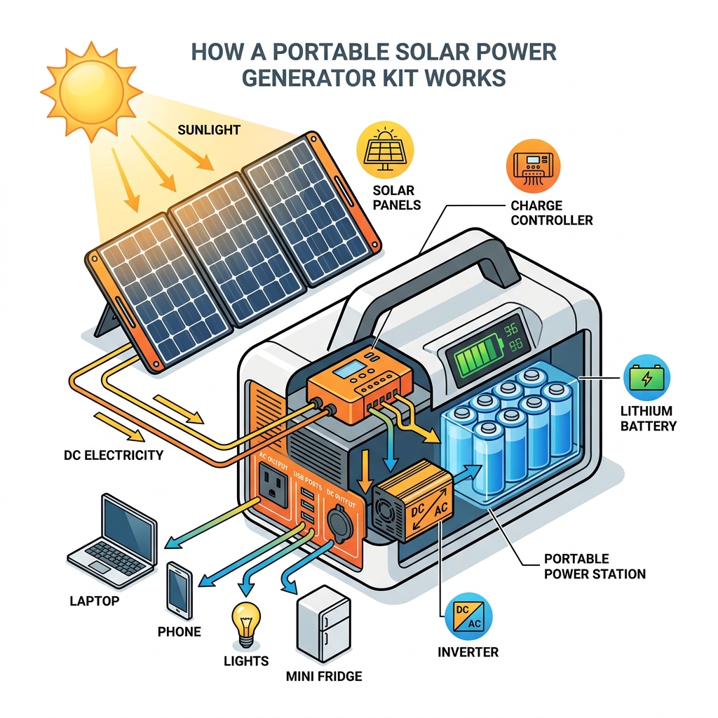 Infographic showing sunlight converting through solar panels into stored battery power in a portable kit - portable solar