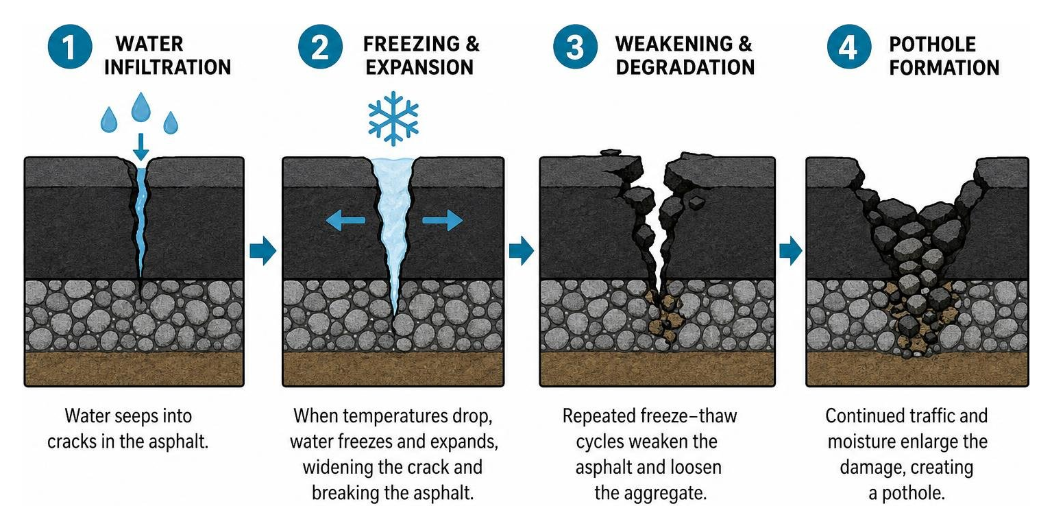 Diagram showing water infiltration, freezing, and pothole formation in asphalt Diagram showing water infiltration, freezing, and pothole formation in asphalt