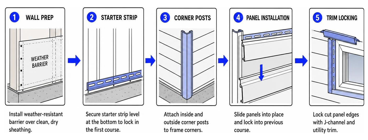 Visual flow of the vinyl siding installation process: wall prep, starter strip, corner posts, panel installation, and trim Visual flow of the vinyl siding installation process: wall prep, starter strip, corner posts, panel installation, and trim