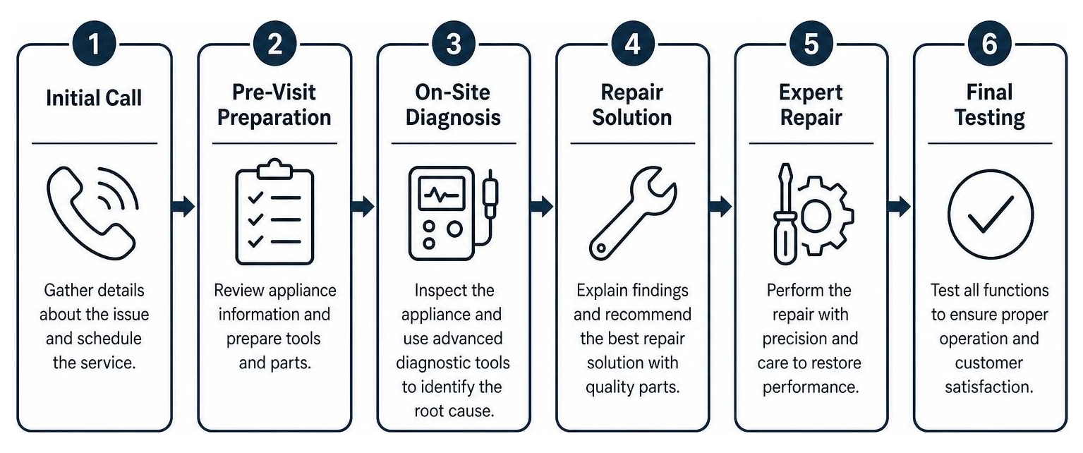 Diagram of the Wolf repair diagnostic process from initial call to final testing