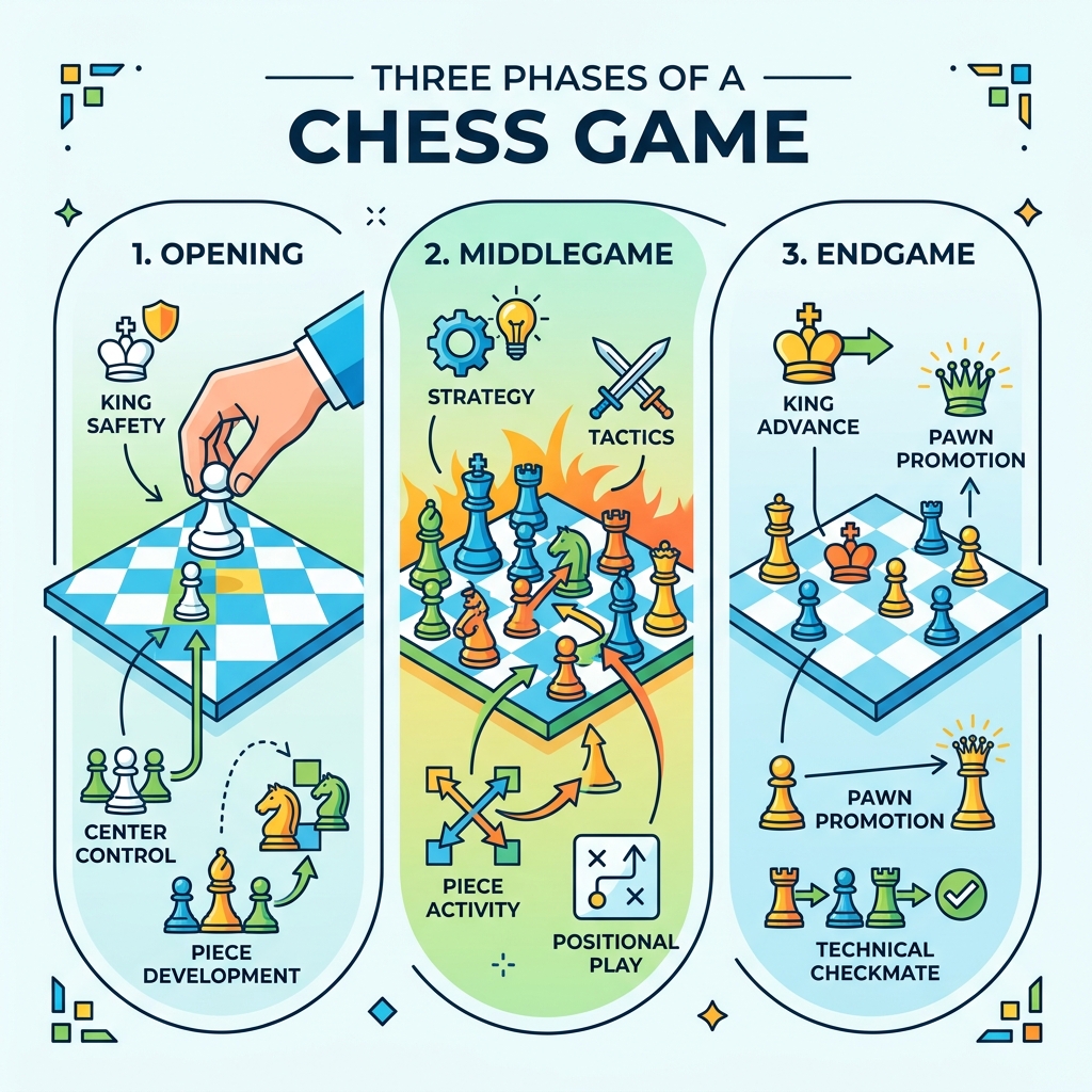 explaining the three phases of a chess game: Opening, Middlegame, and Endgame - white chess openings beginners infographic 