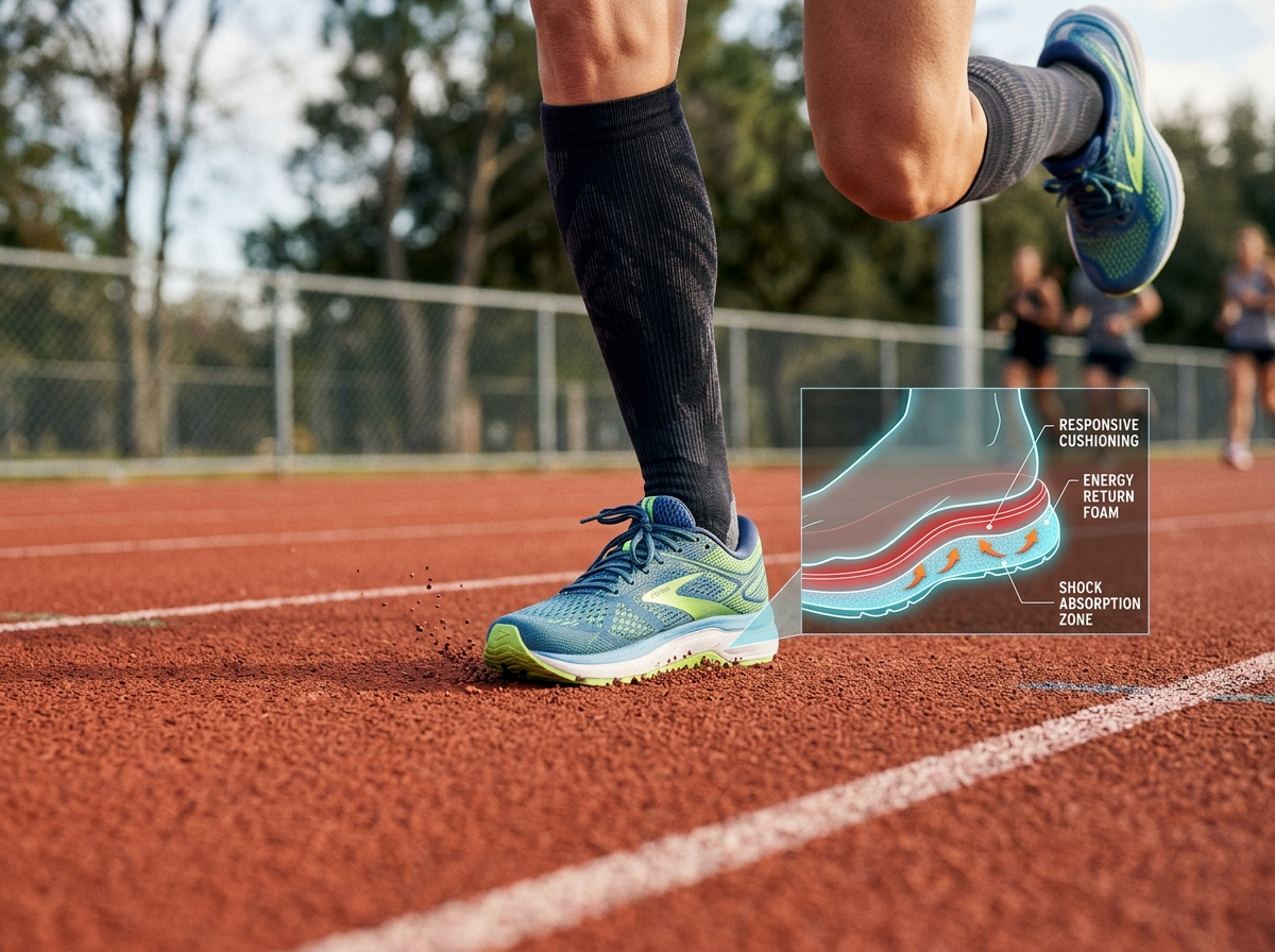 A runner landing on their midfoot, highlighting the compression of the midsole foam for shock absorption - best running