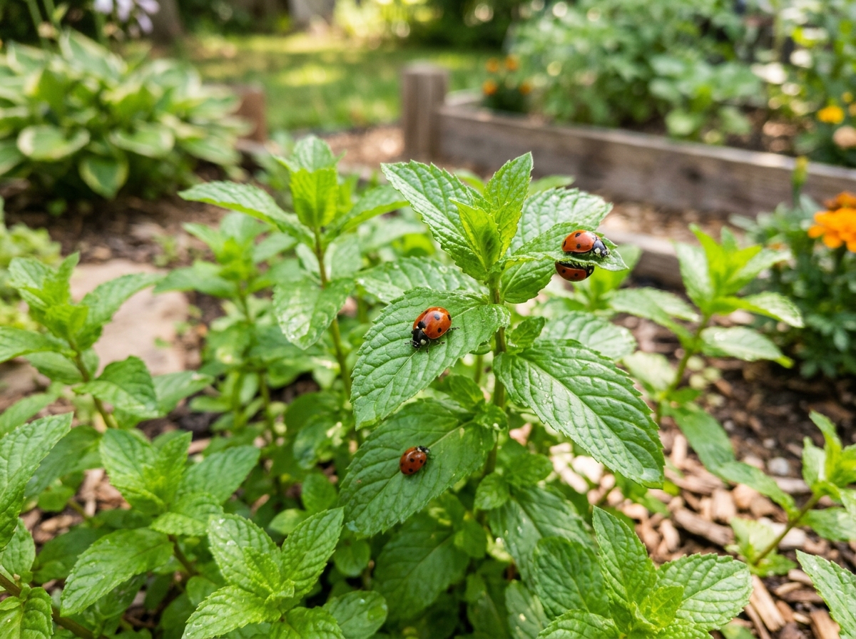 ladybugs on a mint leaf - herb pests organic solutions