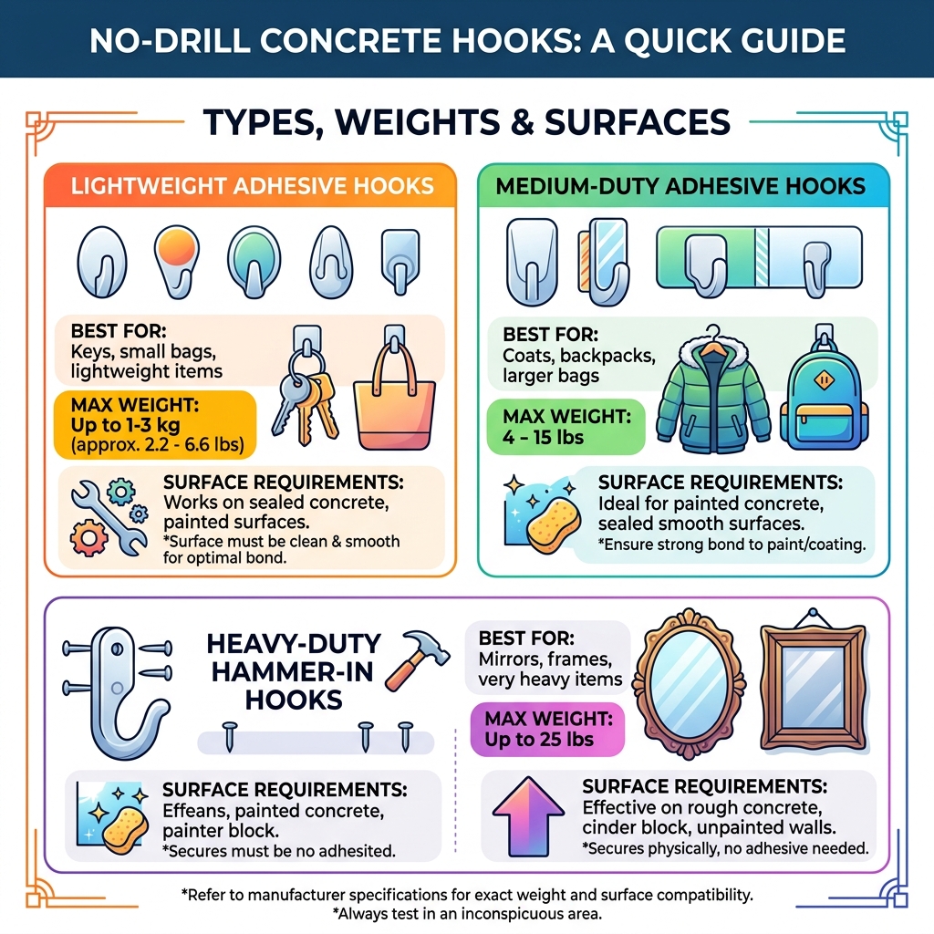 Infographic showing no-drill concrete hook types, weight capacities, and surface requirements - adhesive hooks for concrete