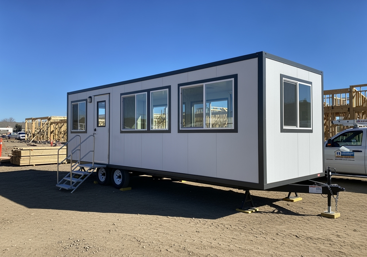 A modern mobile office trailer on a construction site - mobile offices