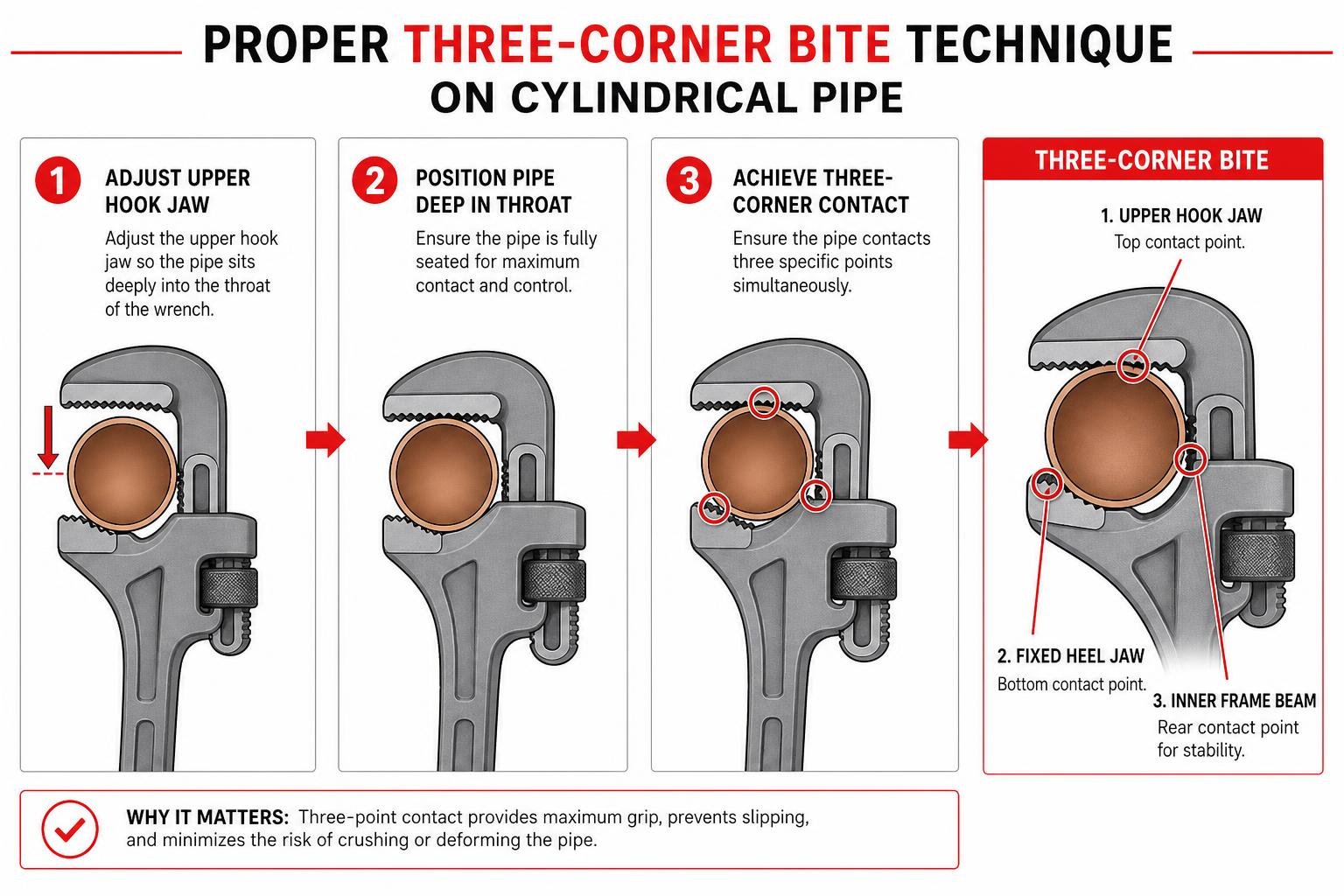 Proper three-corner bite technique on cylindrical pipe Proper three-corner bite technique on cylindrical pipe