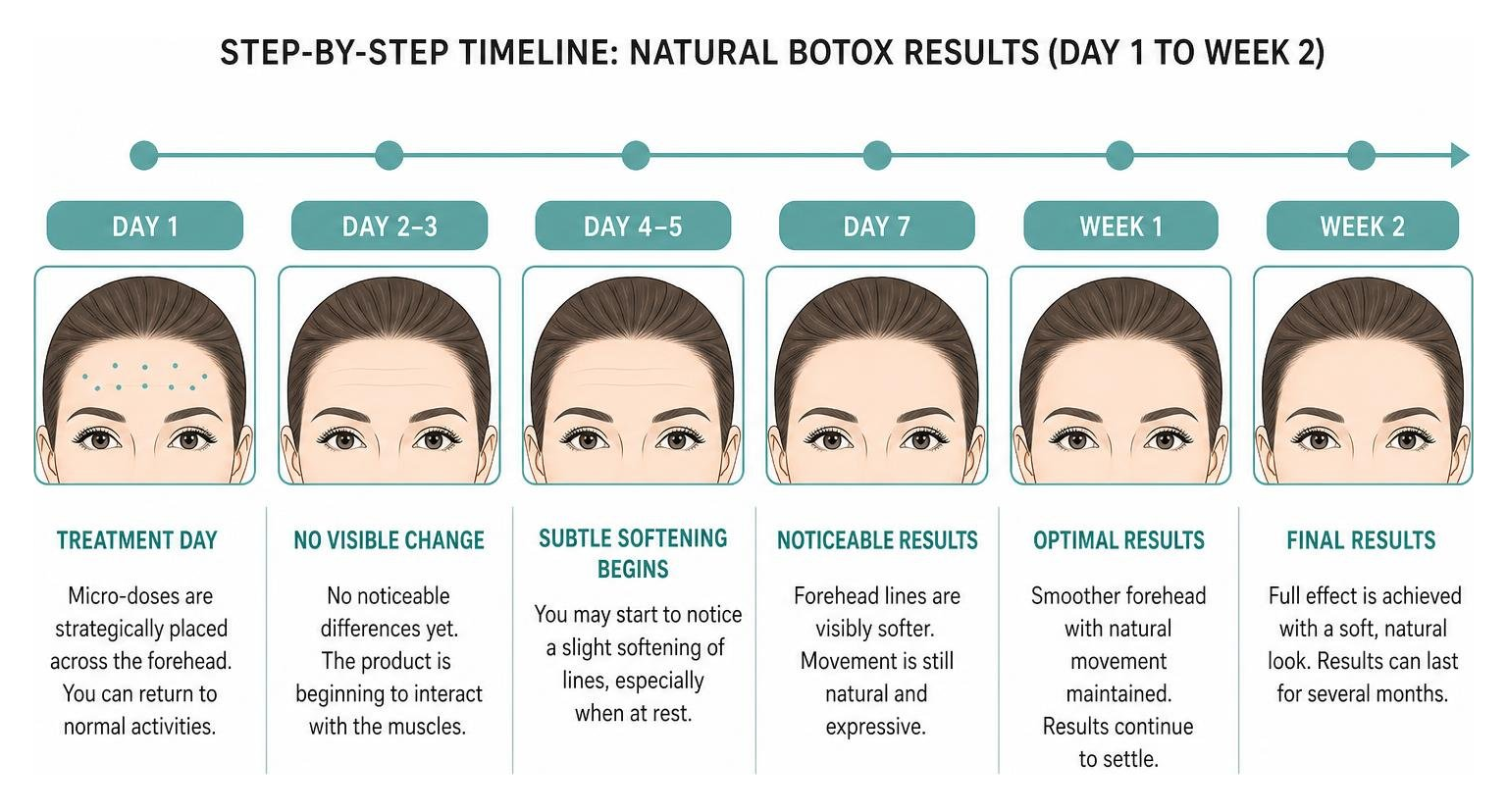 Step-by-step timeline of natural Botox results from day 1 to week 2