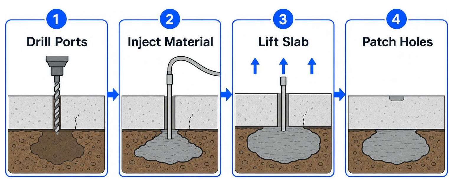 Step-by-step concrete leveling process: drill ports, inject material, lift slab, patch holes Step-by-step concrete leveling process: drill ports, inject material, lift slab, patch holes