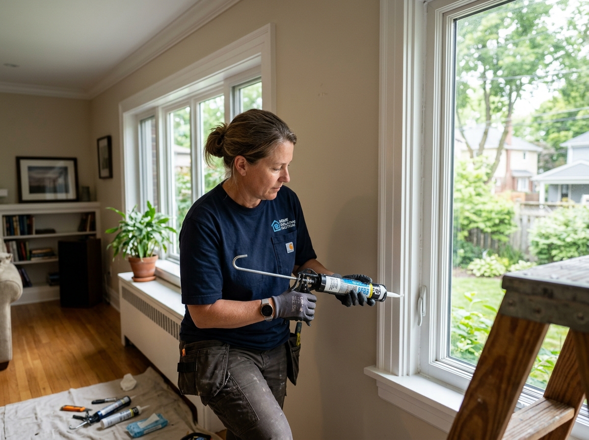 Worker sealing gaps around a window frame to improve insulation performance - cheapest insulation for 2x4 walls