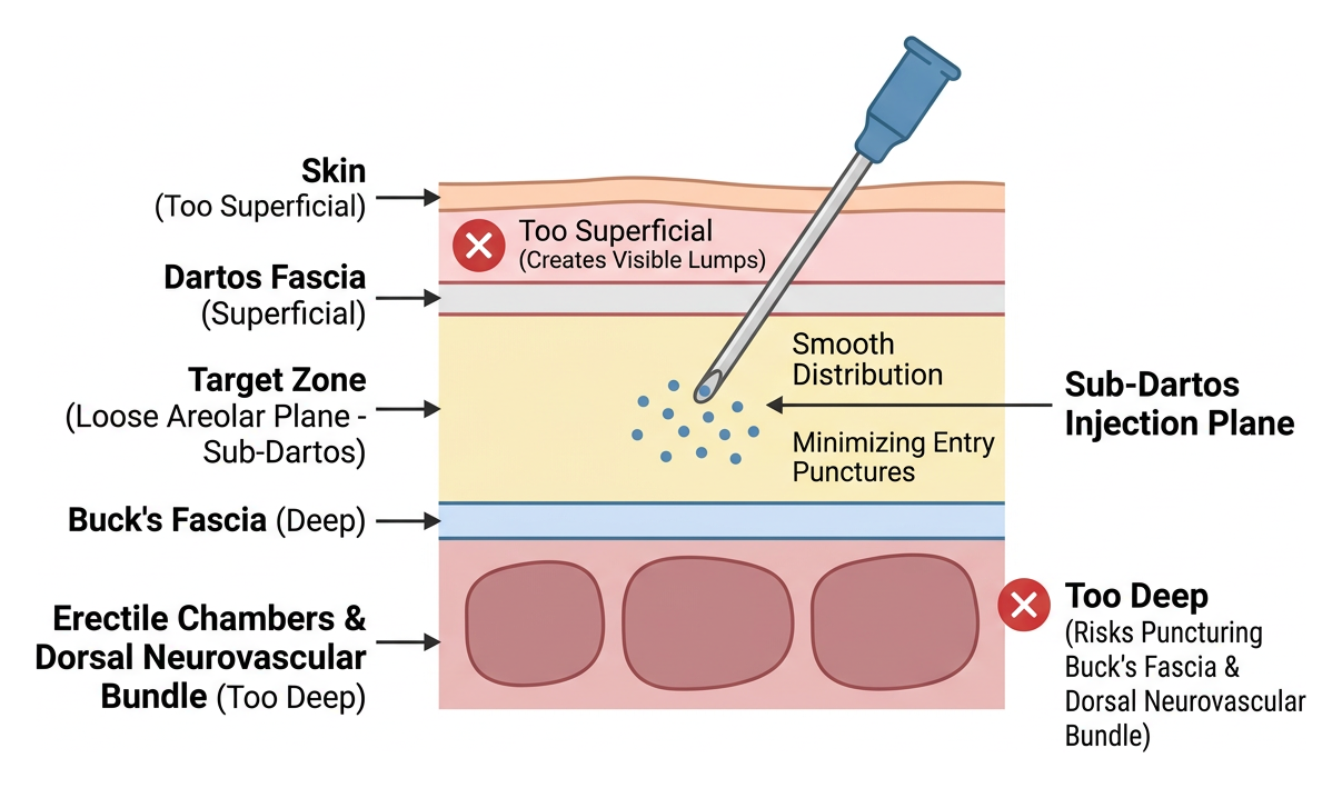Diagram of anatomical layers showing the sub-Dartos injection plane