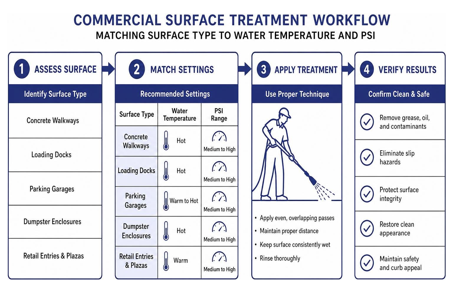 Commercial surface treatment workflow matching surface type to water temperature and PSI Commercial surface treatment workflow matching surface type to water temperature and PSI