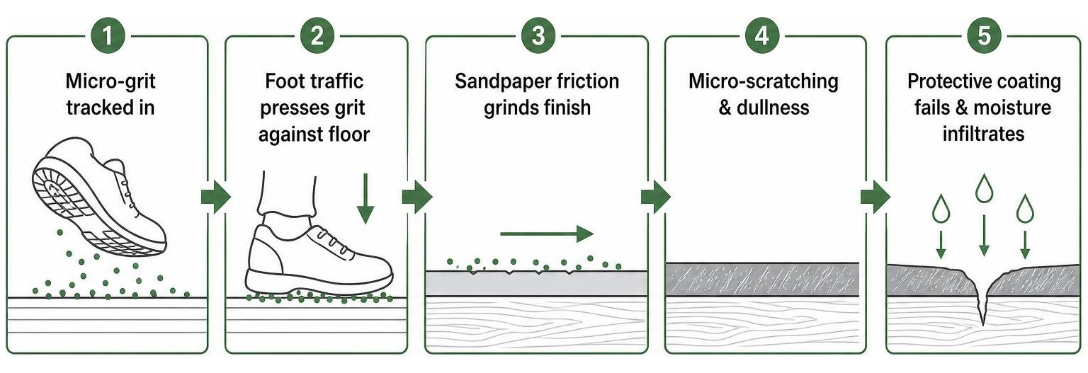Diagram showing how micro-grit causes surface wear on hardwood and tile finishes