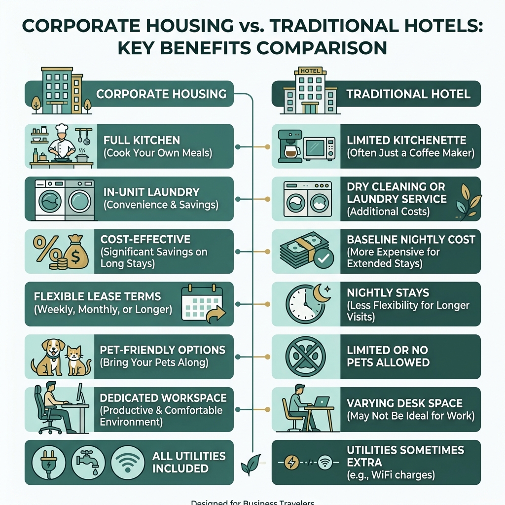 Corporate housing vs. traditional hotels — key benefits comparison infographic - apartments for business travelers Corporate housing vs. traditional hotels — key benefits comparison infographic - apartments for business travelers