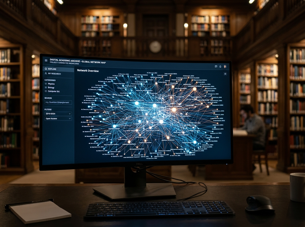 A digital library interface showcasing thousands of interconnected research papers - ai research paper assistant
