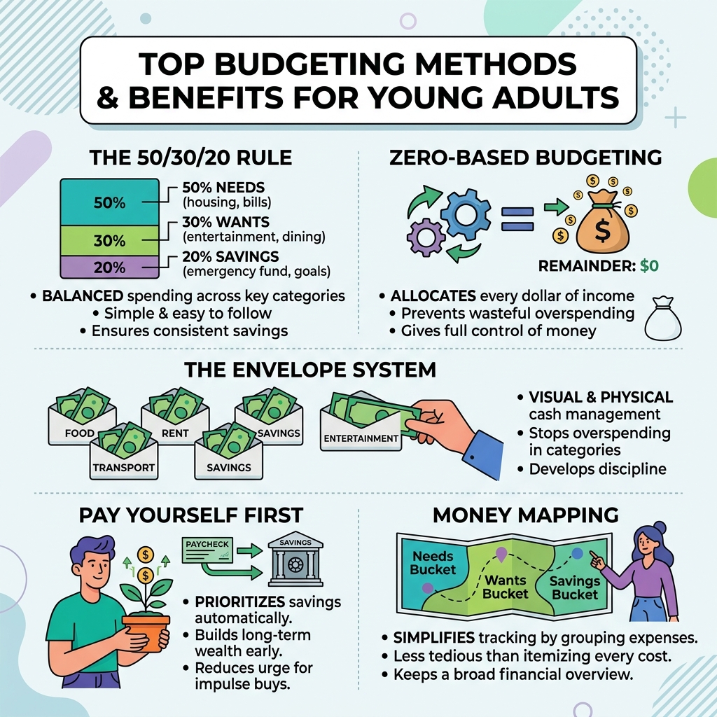 infographic showing top budgeting methods and their key benefits for young adults - best ways to budget money infographic 