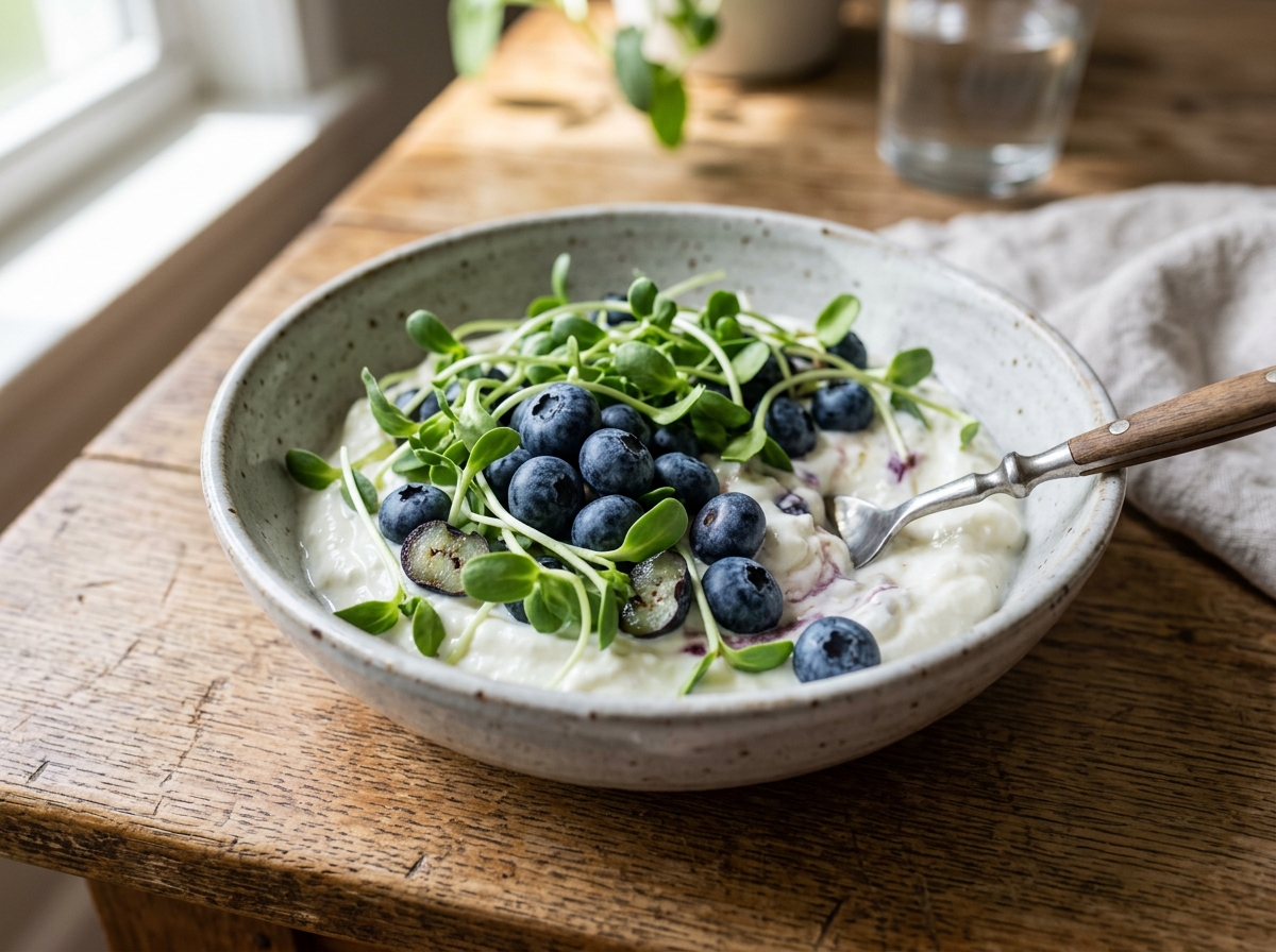 Greek yogurt topped with fresh berries and sunflower microgreens - healthy lifestyle snacks