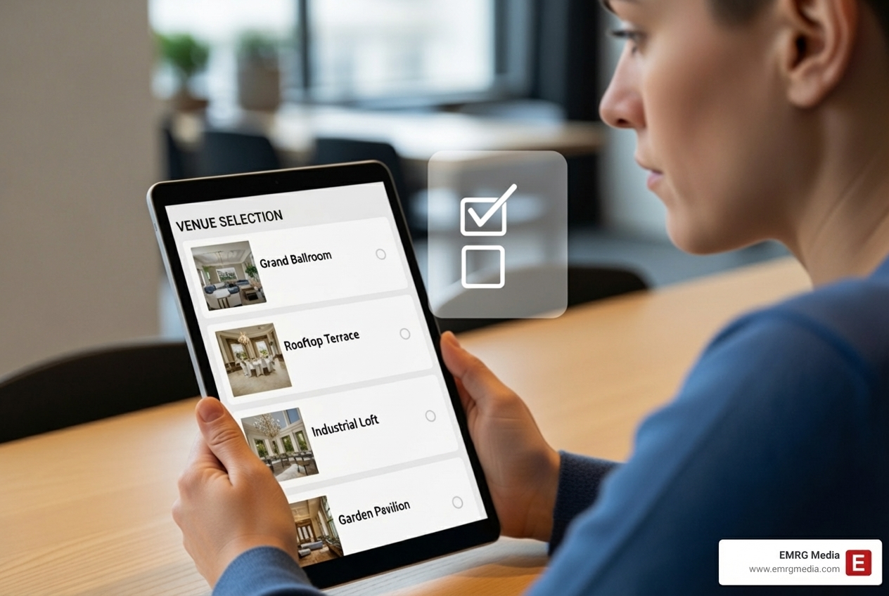 A person looking thoughtfully at a tablet displaying various venue options, with a checklist icon overlayed - party room rentals nyc