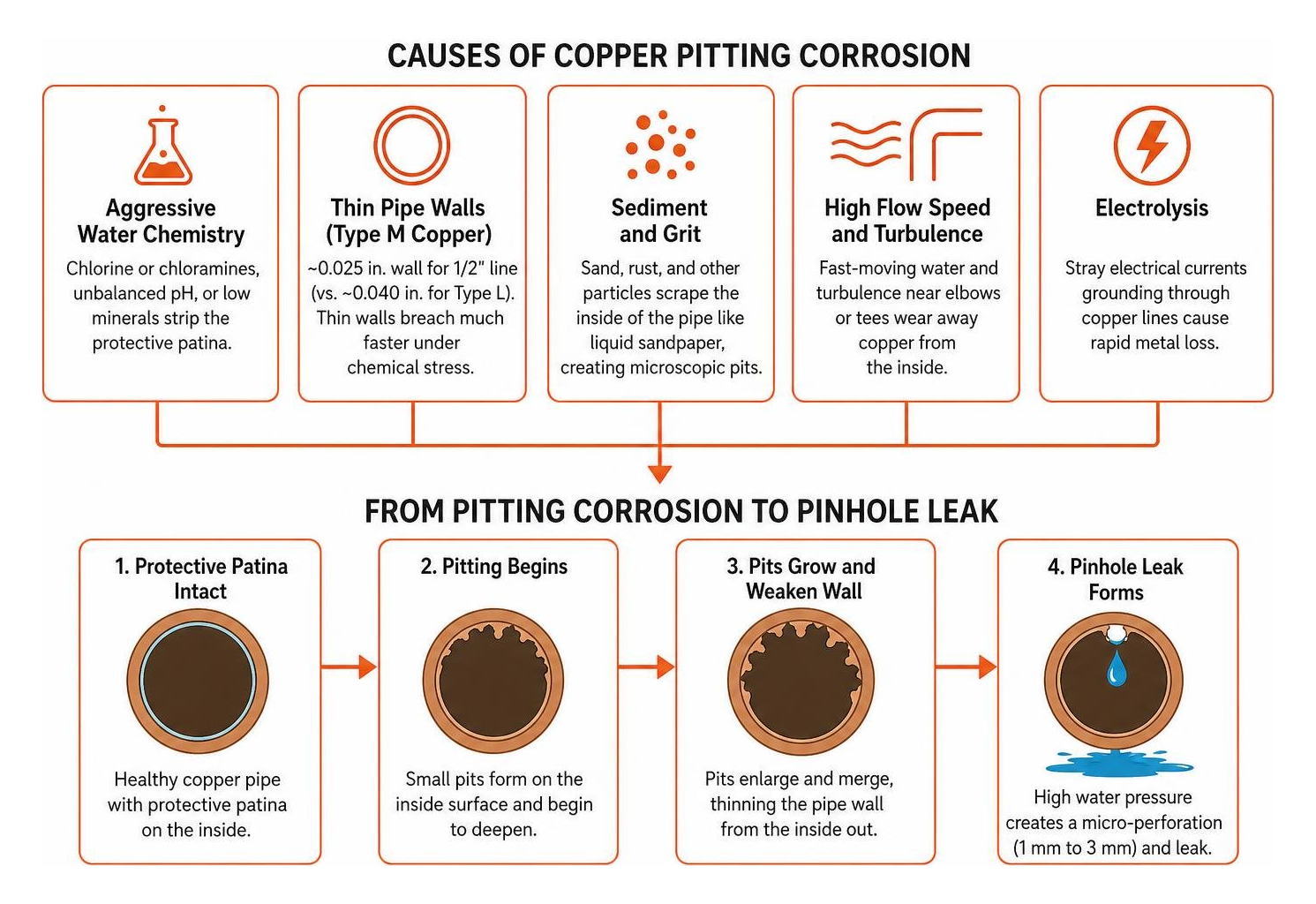 Causes of copper pitting corrosion and pinhole leak formation