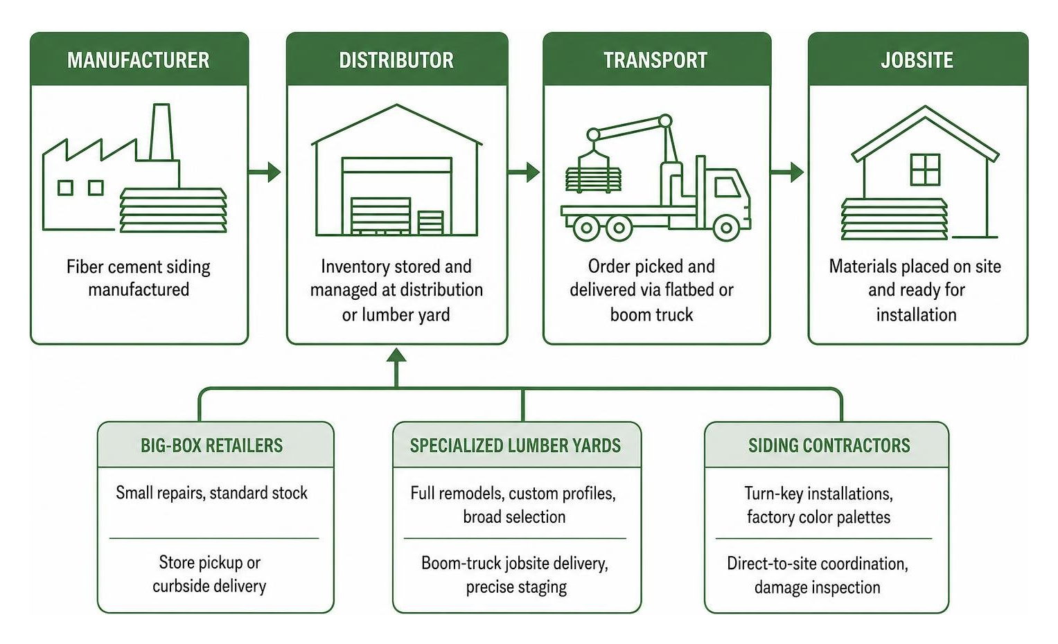 Diagram showing supply chain distribution workflow from manufacturer to jobsite Diagram showing supply chain distribution workflow from manufacturer to jobsite