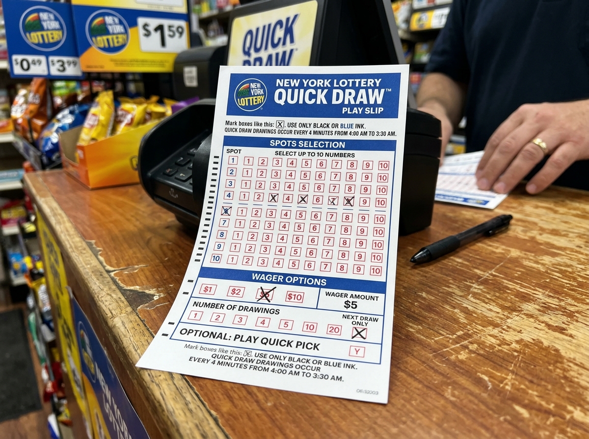A New York Quick Draw play slip showing spots 1-10 and wager options - New York quick draw numbers