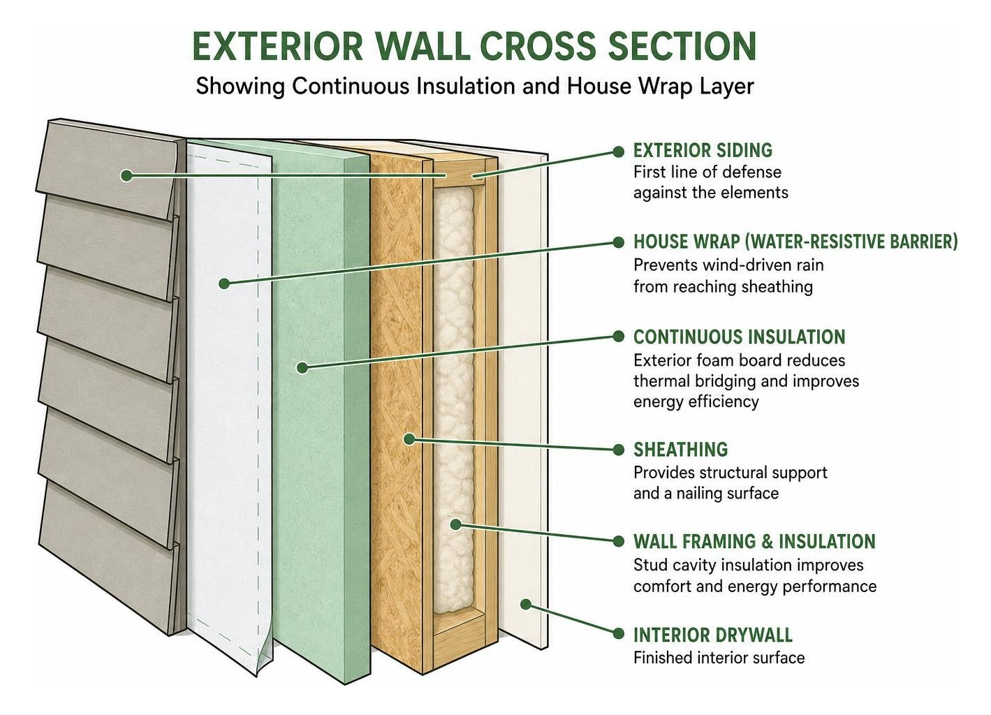 Exterior wall cross section showing continuous insulation and house wrap layer Exterior wall cross section showing continuous insulation and house wrap layer