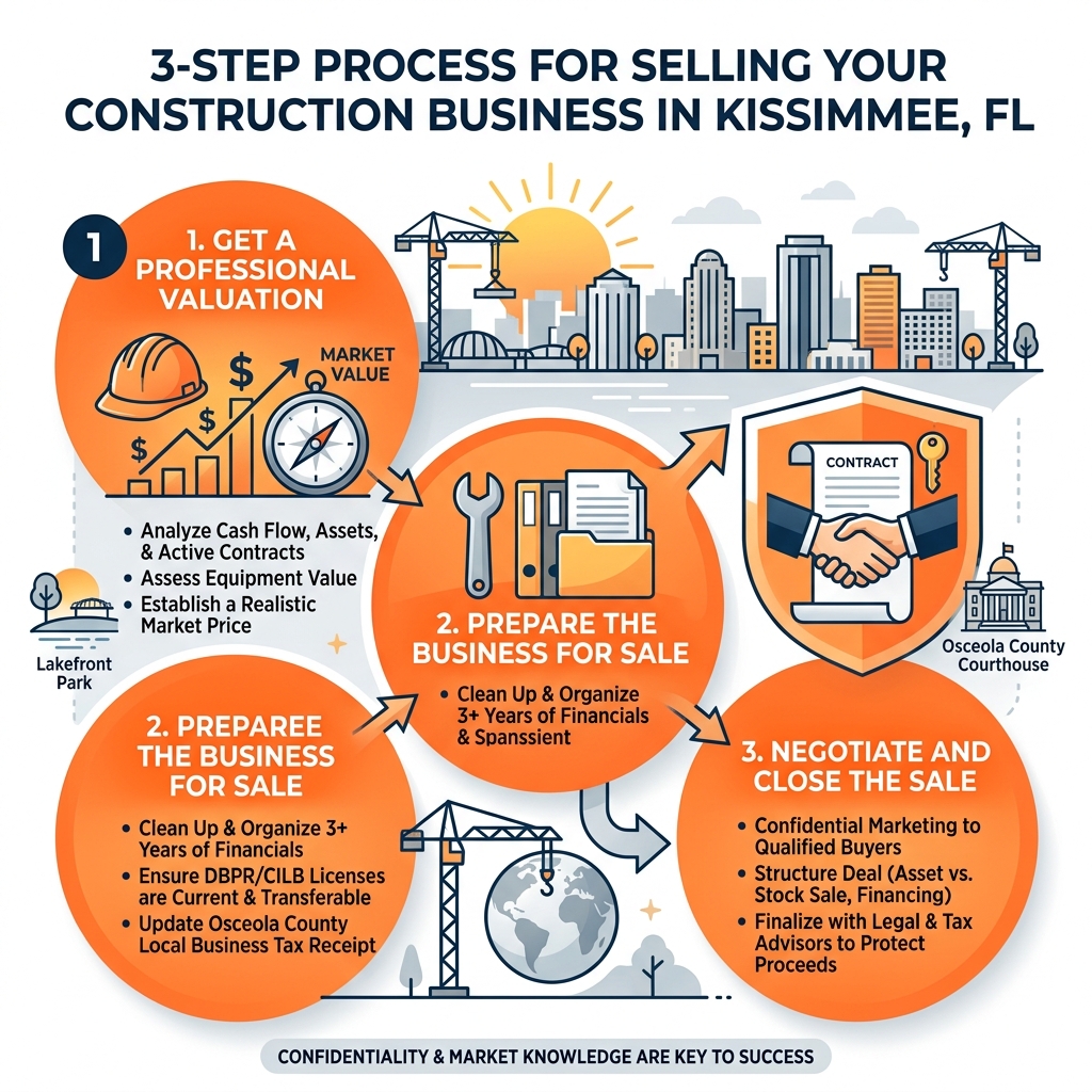 3-step process infographic for selling a construction business in Kissimmee FL: Valuation, Preparation, Sale - how to sell