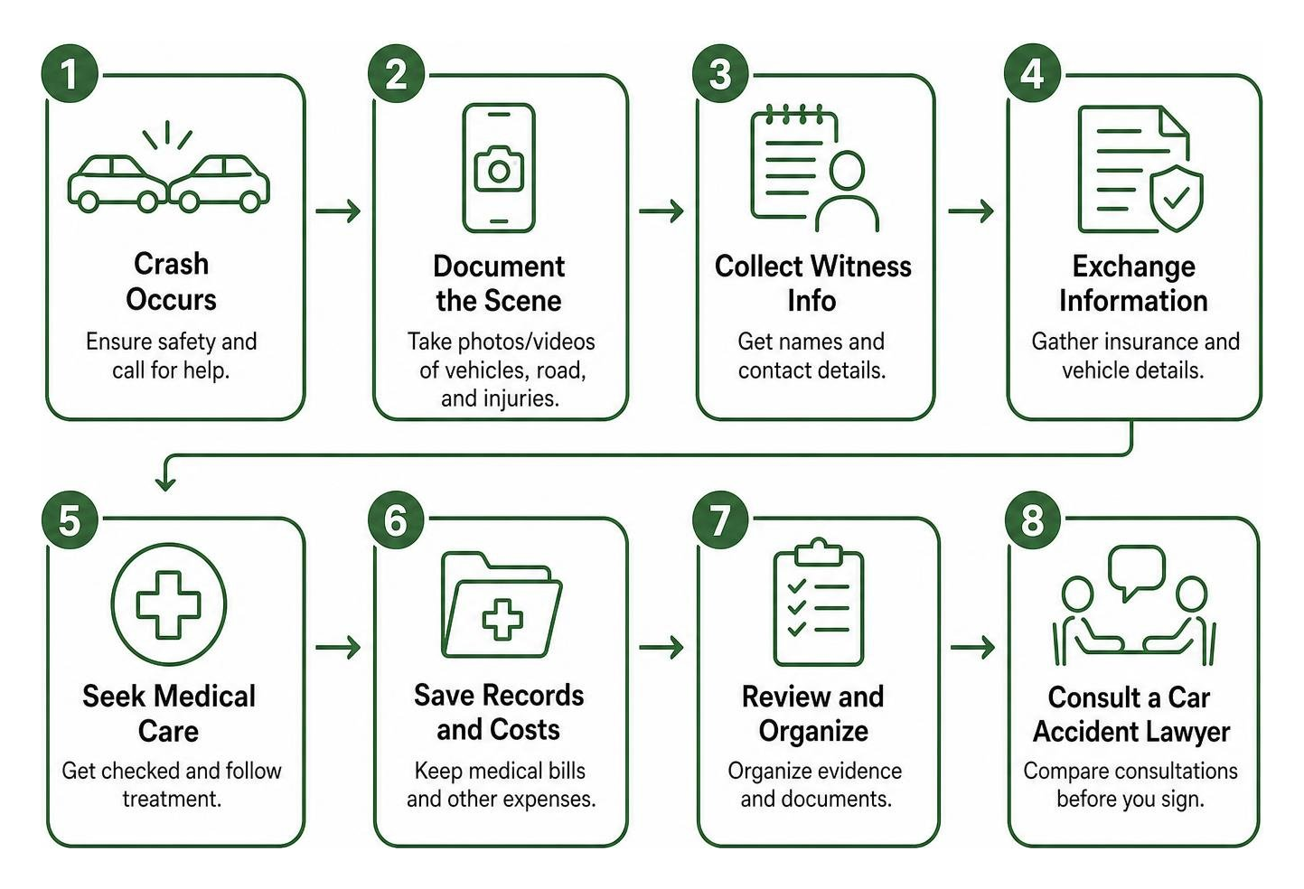 step-by-step accident aftermath flowchart from crash scene to attorney consultation